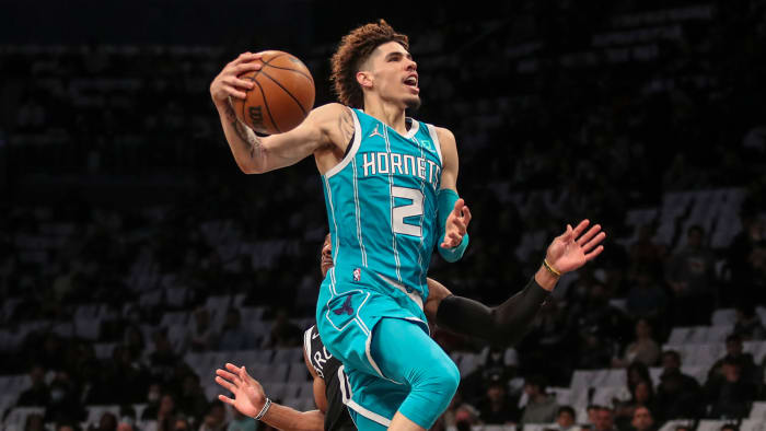 Charlotte Hornets guard LaMelo Ball goes in for a layup in the first quarter against the Brooklyn Nets.